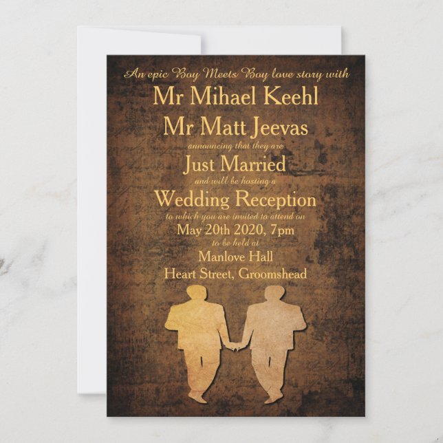 Boy Rencontre Boy Gay Wedding Réception Invitation (Devant)