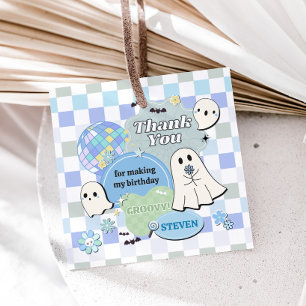 Boy Retro Groovy Little Boo Birthday Square Favour Tags