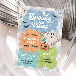 Boy Retro Halloween Spooky Vibes Blue Birthday Invitation