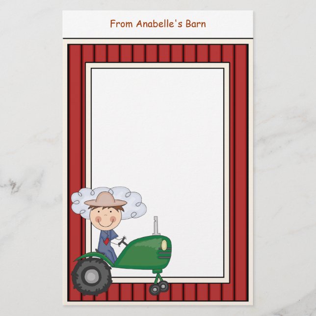 Boy Riding Tractor Barn Frame Kids Writing Paper (Front)