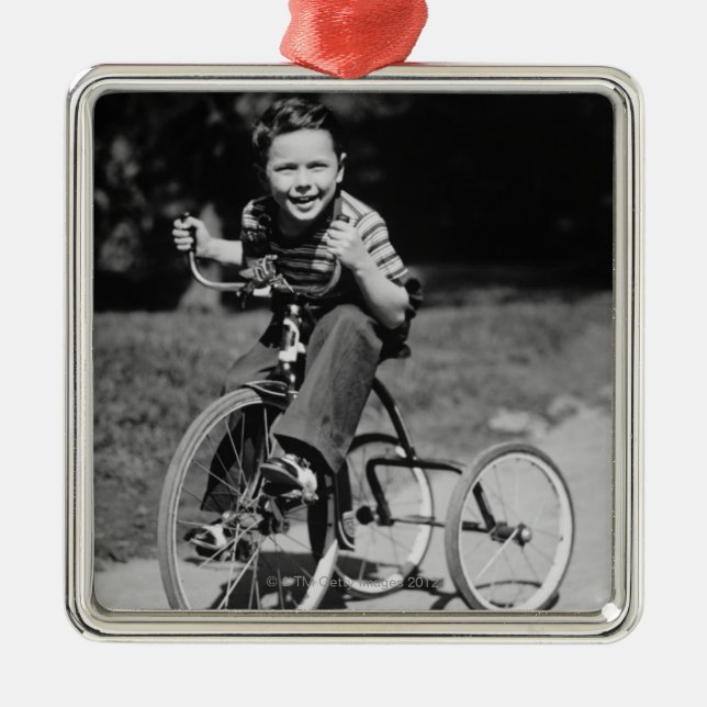 Boy Riding Tricycle Metal Ornament (Front)