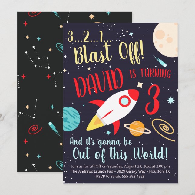 Boy Rocket Ship Outer Space Birthday Invitation (Front/Back)