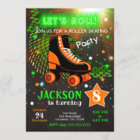 Boy Roller Skating Birthday Invitation Neon