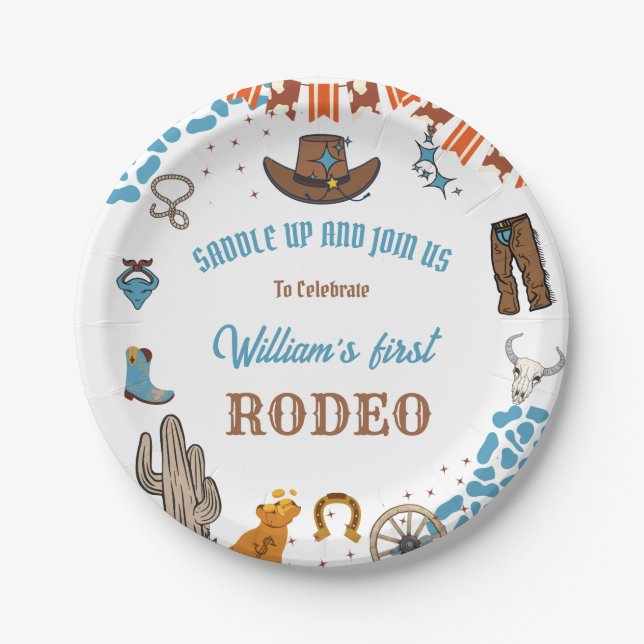 boy Rounded First Rodeo 1st Party Birthday Paper Plate (Front)