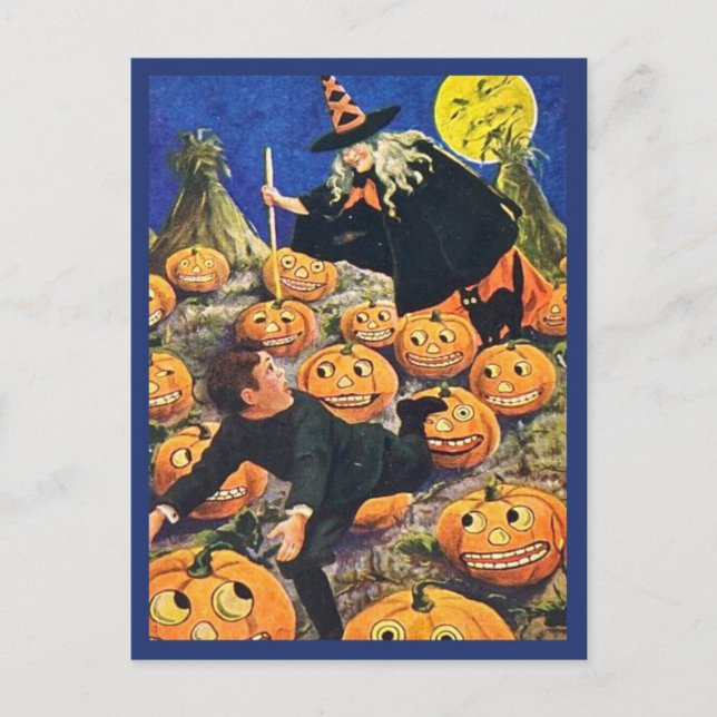 Boy Running From Witch - Vintage Halloween Postcard (Front)