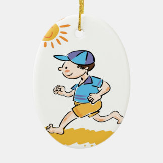 Boy running while barefoot ceramic ornament