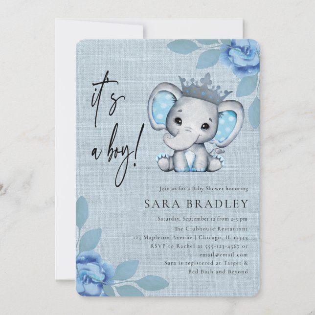 Boy Rustic burlap elephant flowers baby shower Invitation (Front)