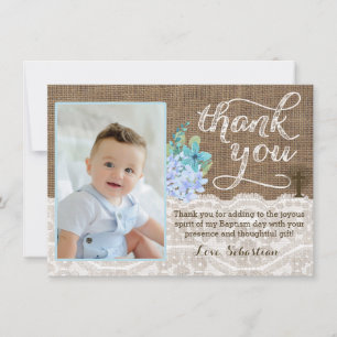 Boy Rustic Christening Thank You With Picture Card