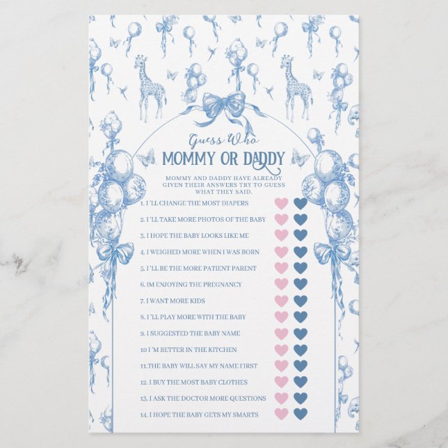Boy Safari Animal Blue Baby Shower Mom Dad Game (Front)