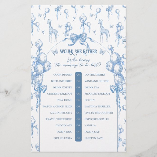 Boy Safari Animal Blue Baby Shower Mommy Game (Front)
