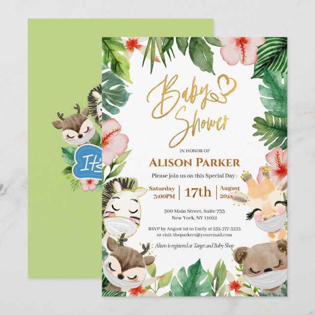 Boy Safari Animals Jungle Greenery Baby Boy Shower Invitation (Front/Back)