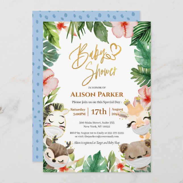 Boy Safari Animals Jungle Greenery Baby Boy Shower Invitation (Front/Back)