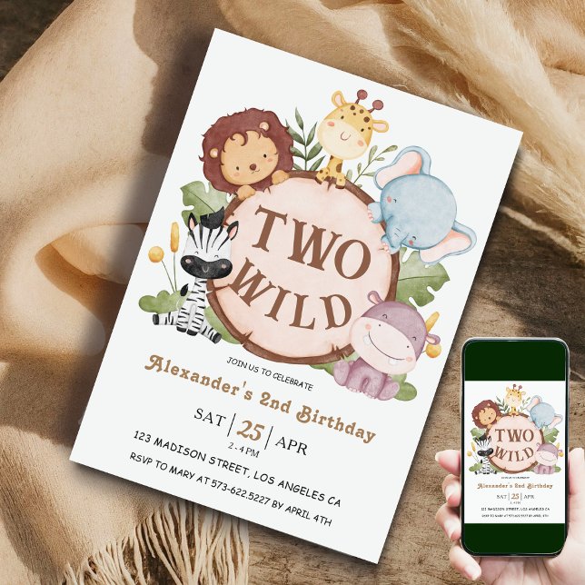 Boy Safari Animals TWO WILD!  2nd Birthday  Invitation (Creator Uploaded)