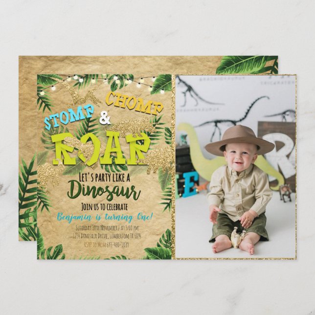 Boy Safari Dinosaur Invitation Anniversaire Avec P (Devant / Derrière)