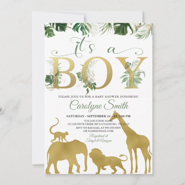 Boy Safari Jungle Animals Gold Baby Shower Invitation (Front)