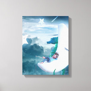 Boy & Seahorse Fishing on the Moon Canvas Print