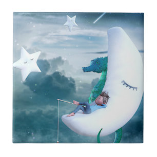 Boy & Seahorse Fishing on the Moon Tile