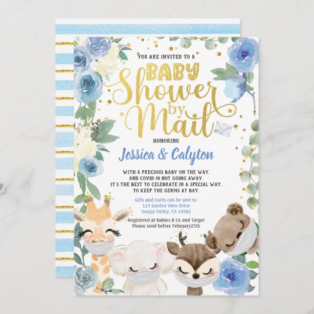 Boy Shower By Mail Pandemic Woodland Animals Mask Invitation (Front/Back)