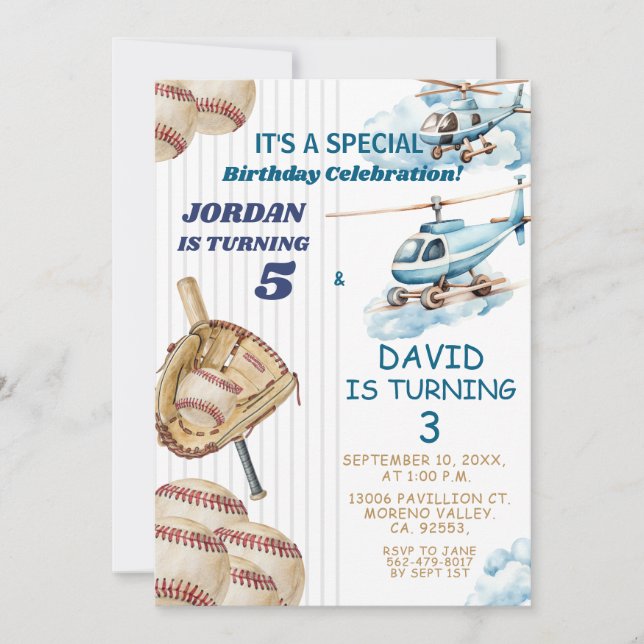 Boy Sibling Baseball and Airplane Joint Birthday Invitation (Front)