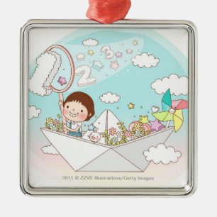 Boy sitting in paper boat metal ornament
