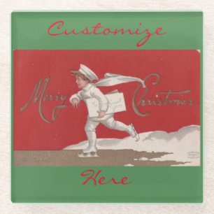 Boy Skating Vintage Thunder_Cove Christmas Glass Coaster