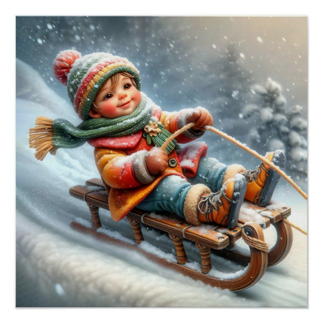 Boy Sledding Down a Hill Poster (Front)
