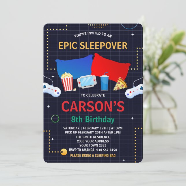  Boy Sleepover Video Game Birthday Party  Invitation (Standing Front)