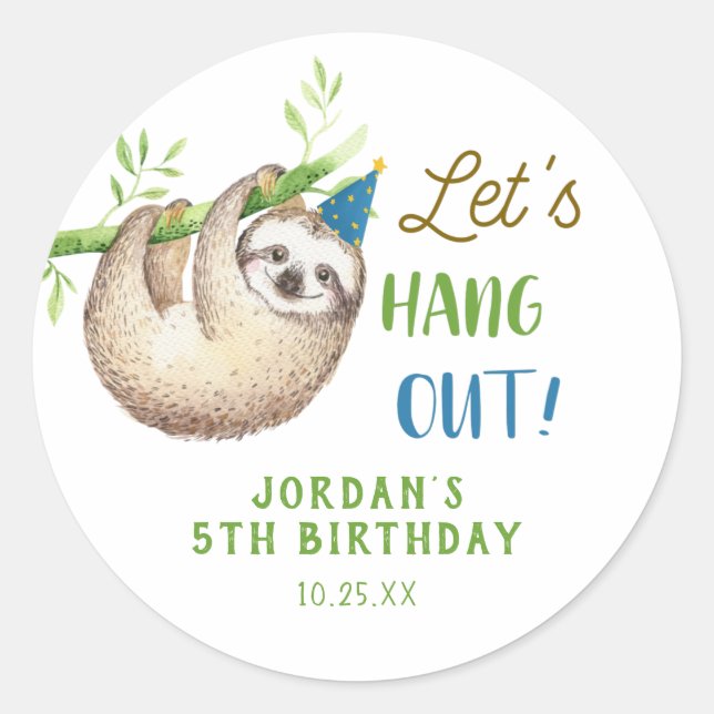 Boy Sloth Themed Birthday Party Favours Classic Round Sticker (Front)