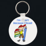 Boy Smart Because I Read Keychain<br><div class="desc">Cute stick figure school and reading design that promotes reading in children featuring a stick figure boy with a pile of books and text that reads "I'm smart because I read!". Makes a great gift for any child and can be customized on the spot with a name or other text!...</div>