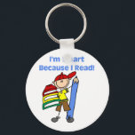 Boy Smart Because I Read Keychain<br><div class="desc">Cute stick figure school and reading design that promotes reading in children featuring a stick figure boy with a pile of books and text that reads "I'm smart because I read!". Makes a great gift for any child and can be customized on the spot with a name or other text!...</div>