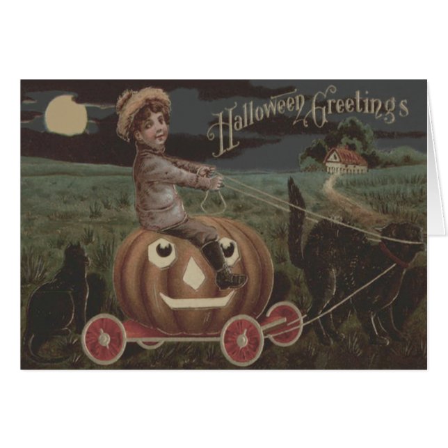 Boy Smiling Jack O Lantern Wagon Black Cat (Front Horizontal)