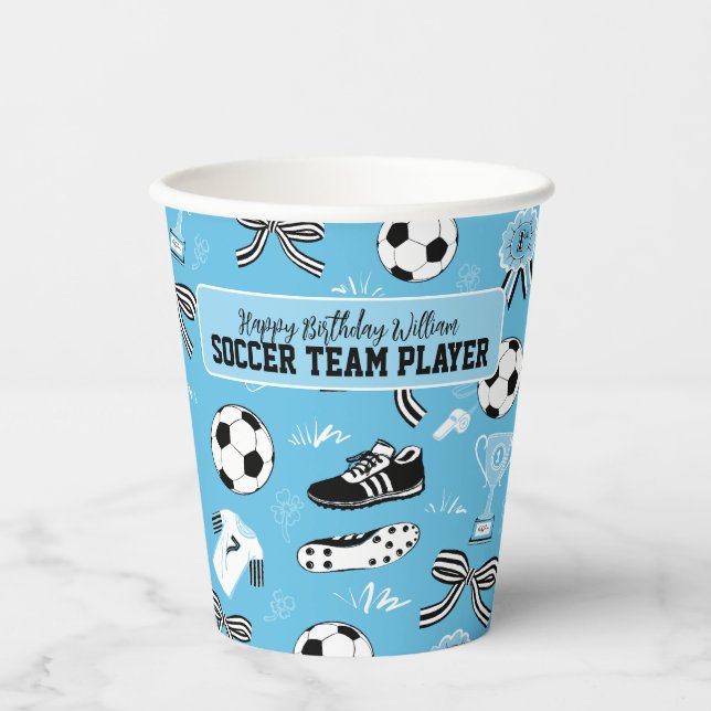 Boy Soccer Player birthday party blue Paper Cups (Front)