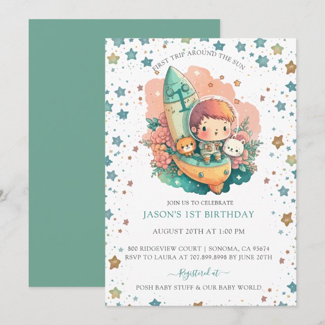 Boy Spaceship First Trip Around Sun 1st Birthday Invitation (Front/Back)