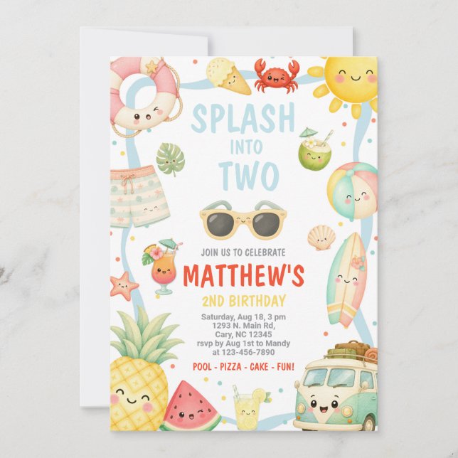 Boy SPLASH into TWO pool party birthday invitation (Front)