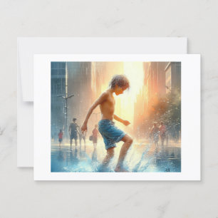 Boy Splashing in City Puddle,  Postcard