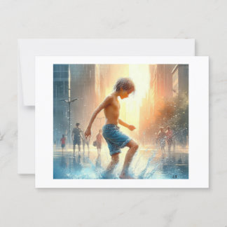 Boy Splashing in City Puddle,  Postcard