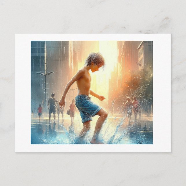 Boy Splashing in City Puddle,  Postcard (Front)