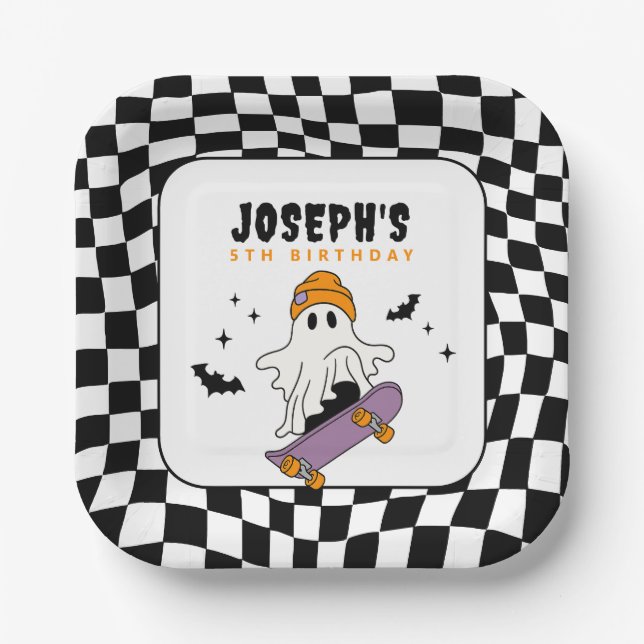 Boy Spooky Halloween Birthday Party Paper Plates (Front)