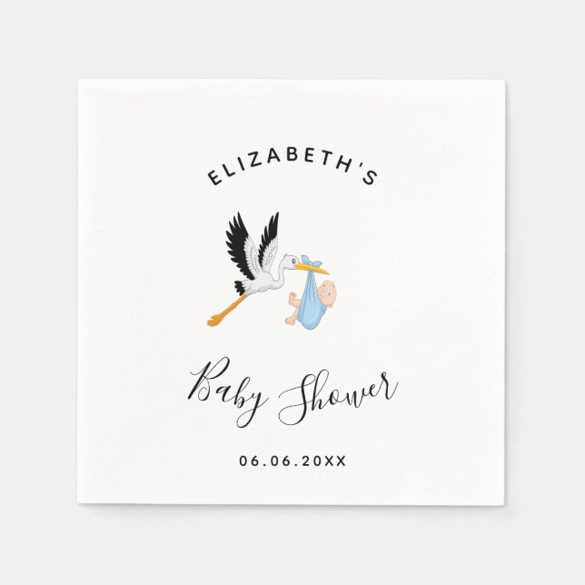 Boy stork blue white cute baby shower napkin (Front)