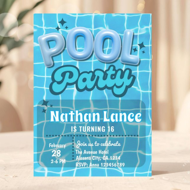 Boy Summer Blue Pool Birthday Party Invitation (pool party invitation, summer birthday invite, teen birthday invitation, sweet 16 pool party, blue w)