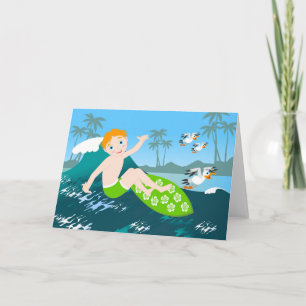 Boy surfs big wave Birthday Party Card
