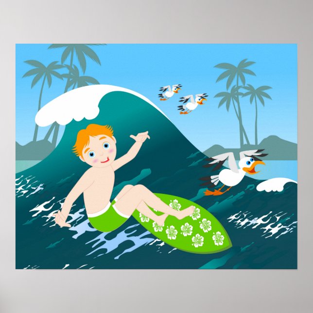 Boy surfs  big wave Birthday Party Poster (Front)