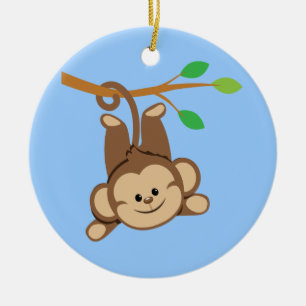 Boy Swinging Monkey Ceramic Ornament