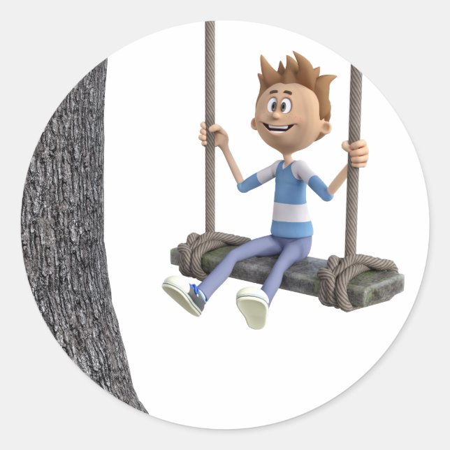 Boy Swinging on a Rope Swing Classic Round Sticker (Front)