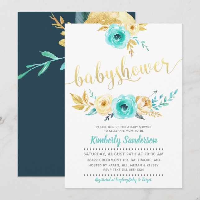 Boy Teal Blue Gold Floral Baby Shower Invitation (Front/Back)