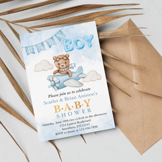 Boy Teddy Bear Airplane Baby Shower Invitation (Creator Uploaded)