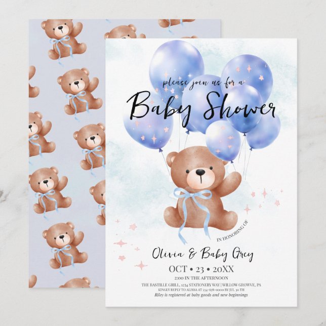 Boy Teddy Bear Baby Shower  Invitation (Front/Back)