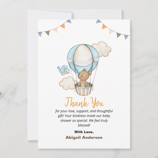 Boy Teddy Bear Baby Shower Thank You Flat Cards (Front)