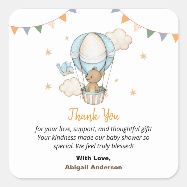 Boy Teddy Bear Baby Shower Thank You Flat Cards Square Sticker (Front)