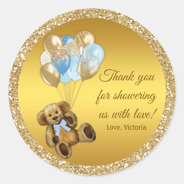 Boy Teddy Bear Balloon Baby Shower Stickers (Front)